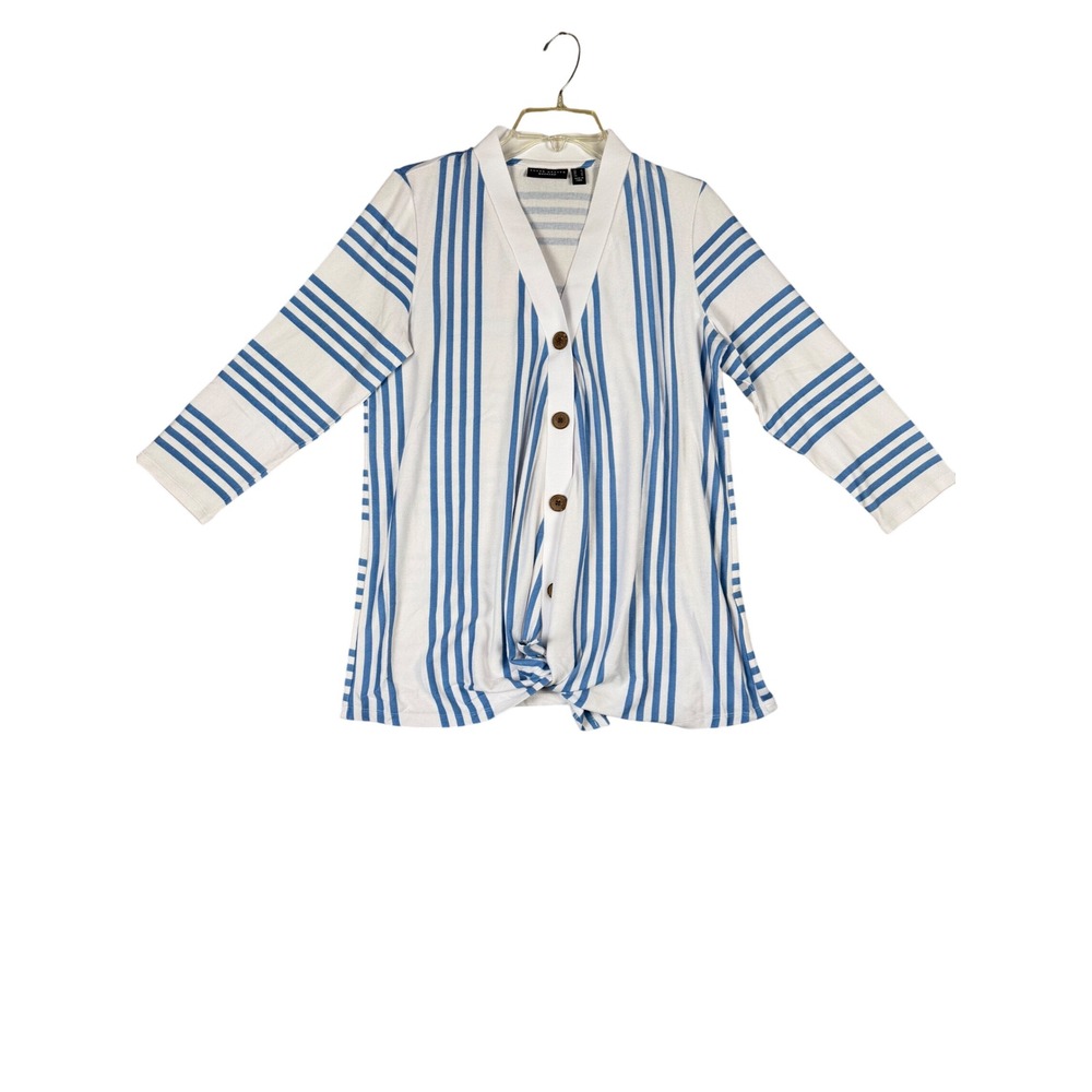 Susan Graver Weekend Blue White Striped Button Front Tie Hem Cardigan Small